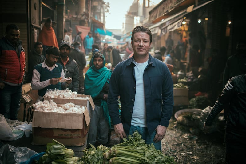 Jamie Oliver in India for 'Jamie's Ultimate Veg'. Courtesy Freddie Claire.
