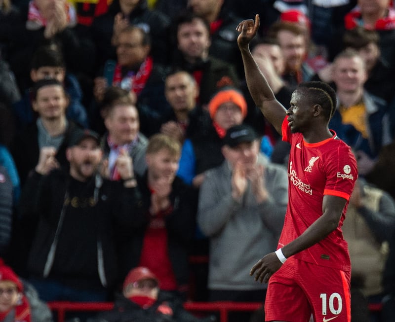 Liverpool's Sadio Mane waves to the crowd after his goal. EPA