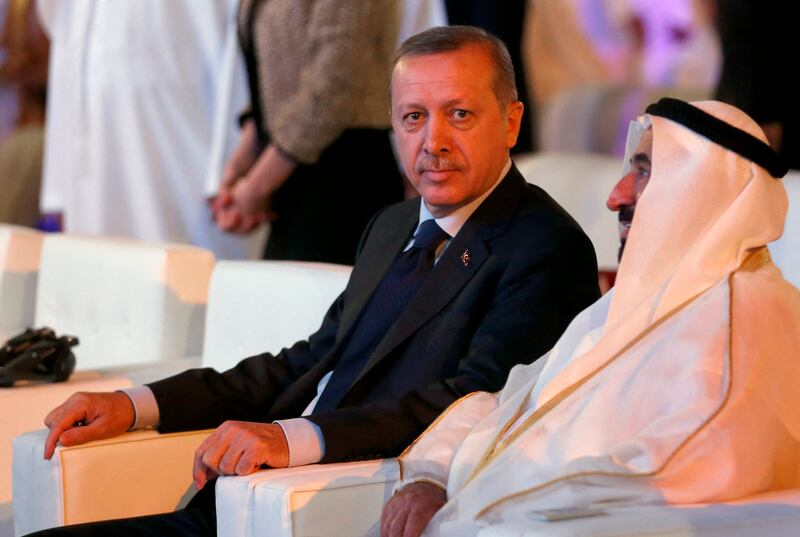 Sheikh Dr Sultan bin Muhammad Al Qasimi, Ruler of Sharjah, with Recep Tayyip Erdogan, Turkish prime minister at the time, during the opening session of the Government Communication Forum in February 2013 in Sharjah. AFP