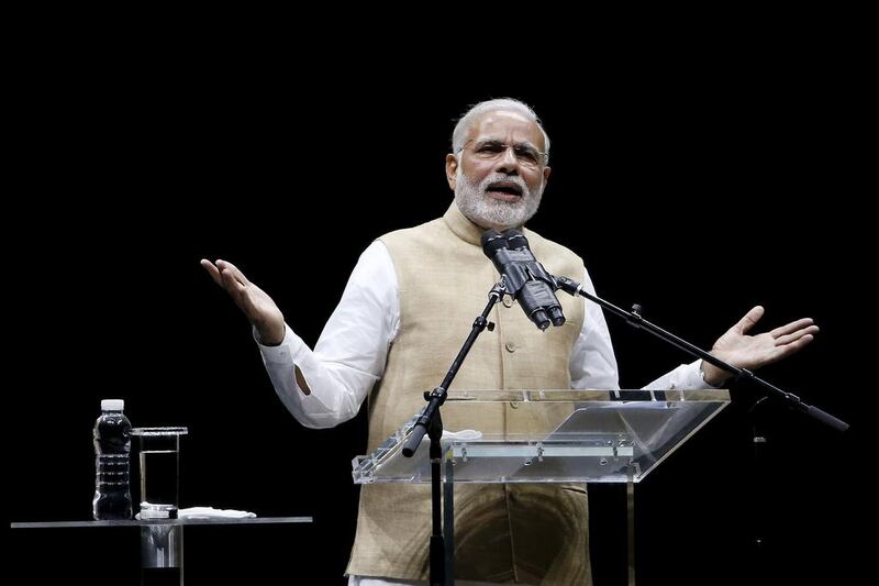 Indian Prime Minister Narendra Modi addresses the crowd during a community reception at SAP Center in San Jose. Stephen Lam / Reuters