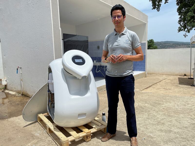 Iheb Triki, co-founder of start-up Kumulus, with a machine that creates drinking water from moisture in the air, in Jendouba, Tunisia. All photos: Reuters