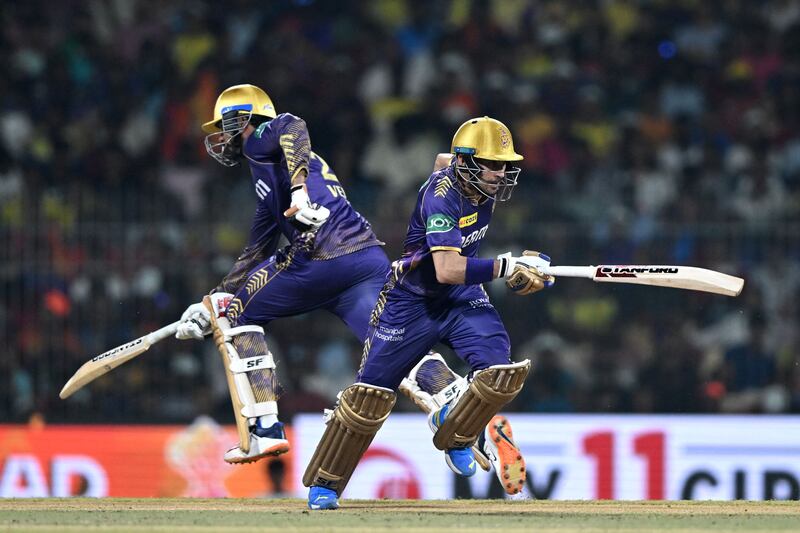 Kolkata Knight Riders' Rahmanullah Gurbaz, right, and Venkatesh Iyer run between the wickets. AFP