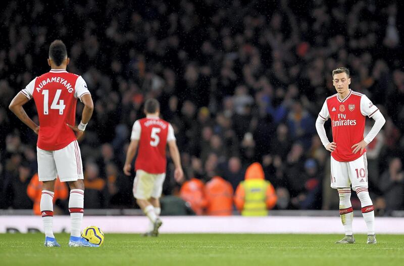 LONDON, ENGLAND - NOVEMBER 02:  Mesut Ozil of Arsenal looks on dejected after  conceding a goal  during the Premier League match between Arsenal FC and Wolverhampton Wanderers at Emirates Stadium on November 02, 2019 in London, United Kingdom. (Photo by Justin Setterfield/Getty Images)