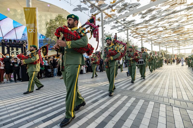 Bagpipe players entertain the crowds. Photo by Walaa Alshaer / Expo 2020 Dubai