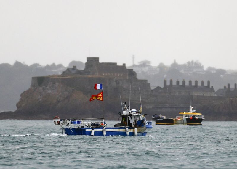 French boatmen protest in front of the port of Saint Helier off the British island of Jersey over fishing restrictions. AFP