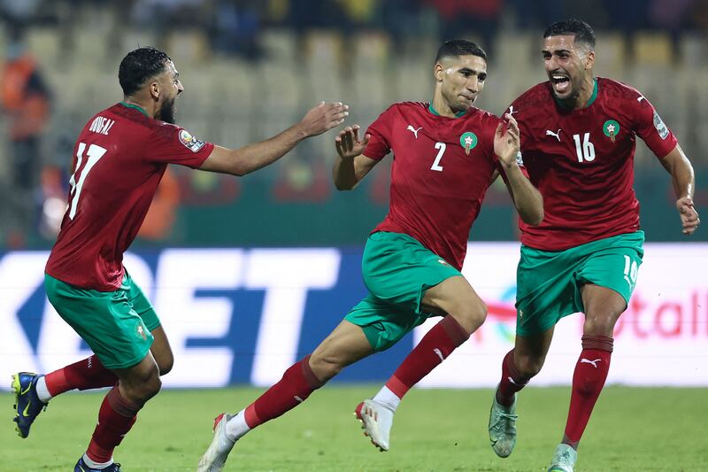 Morocco will need Achraf Hakimi, centre, to be on top form if they are to progress from their group at the 2022 World Cup. AFP