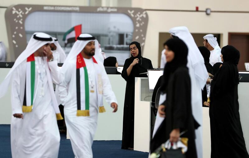 RAK,  UNITED ARAB EMIRATES , OCTOBER 5 – 2019 :- Voters registering for the FNC elections held at the RAK Exhibition Center in Ras Al Khaimah. ( Pawan Singh / The National ) For News. Story by Ruba