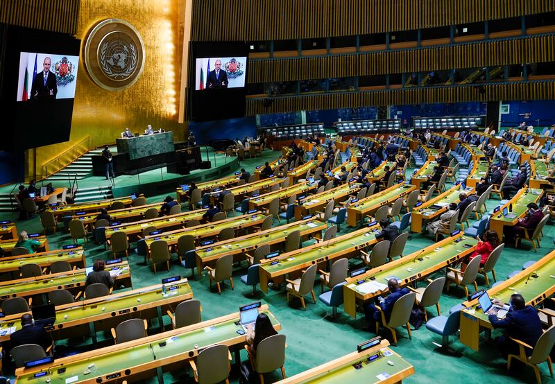 Bulgaria's President Rumen Radev addresses world leaders by video. Reuters