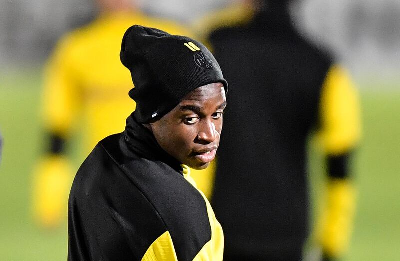 Borussia Dortmund's Youssoufa Moukoko, who looks set to become the youngest player in Champions League history, during training ahead of the match against Club Brugge. AP