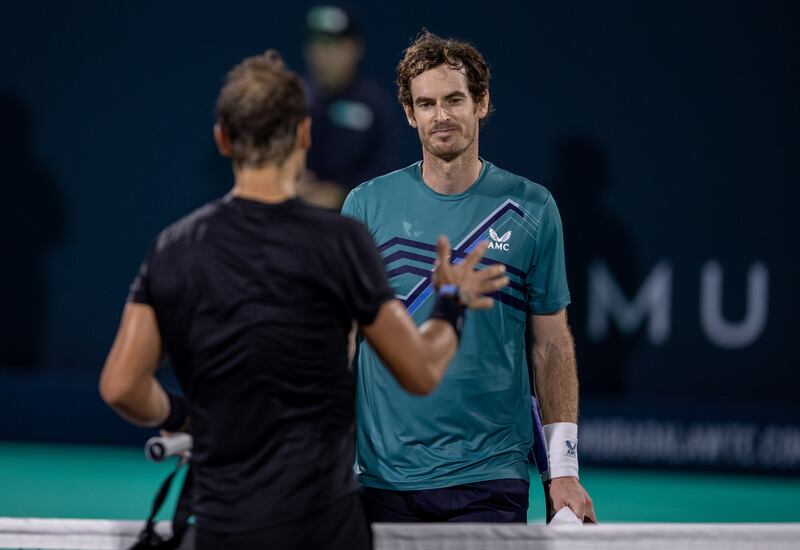 Rafael Nadal and Andy Murray greet each other at the net after their semi-final match at the Mubadala World Tennis Championship. Victor Besa / The National