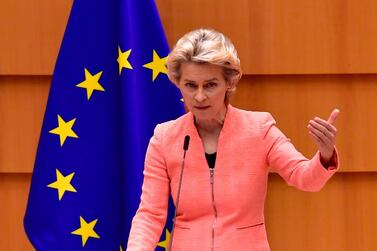The President of the European Commission Ursula Von der Leyen addresses her first state of the union speech during a plenary session at the European Union Parliament in Brussels on September 16, 2020. AFP