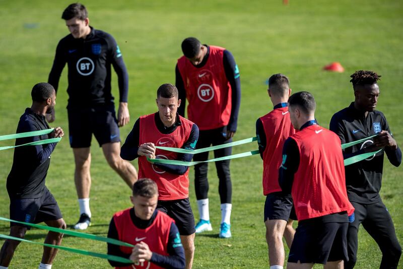 England's players training in Prague ahead of their Euro 2020 Group A qualifying match against Bulgaria in Sofia on Monday.  EPA