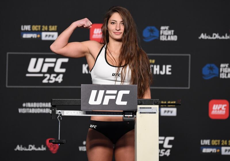 ABU DHABI, UNITED ARAB EMIRATES - OCTOBER 23: Liana Jojua of Georgia poses on the scale during the UFC 254 weigh-in on October 23, 2020 on UFC Fight Island, Abu Dhabi, United Arab Emirates. (Photo by Josh Hedges/Zuffa LLC)