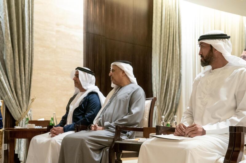ABU DHABI, UNITED ARAB EMIRATES - February 16, 2020: (R-L) HE Mohamed Mubarak Al Mazrouei, Undersecretary of the Crown Prince Court of Abu Dhabi, HE Obaid bin Humaid Al Tayer, UAE Minister of State for Financial Affairs and HH Lt General Sheikh Saif bin Zayed Al Nahyan, UAE Deputy Prime Minister and Minister of Interior, attend a meeting with with Kristalina Georgieva, Managing Director of International Monetary Fund (IMF) (not shown), at Al Shati Palace.

( Rashed Al Mansoori / Ministry of Presidential Affairs )
---