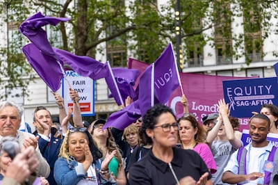 Members of a UK performers' group attend a rally in solidarity with striking US actors, in London. Part of the dispute between Hollywood studios and labour groups centred around the potential use of artificial intelligence. Getty Images
