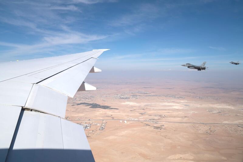 AMMAN, JORDAN - November 20, 2018: Fighter jets from the Jordanian Armed Forces fly along side the UAE Presidential Airplane, as a salute.
( Mohamed Al Hammadi / Ministry of Presidential Affairs )
---