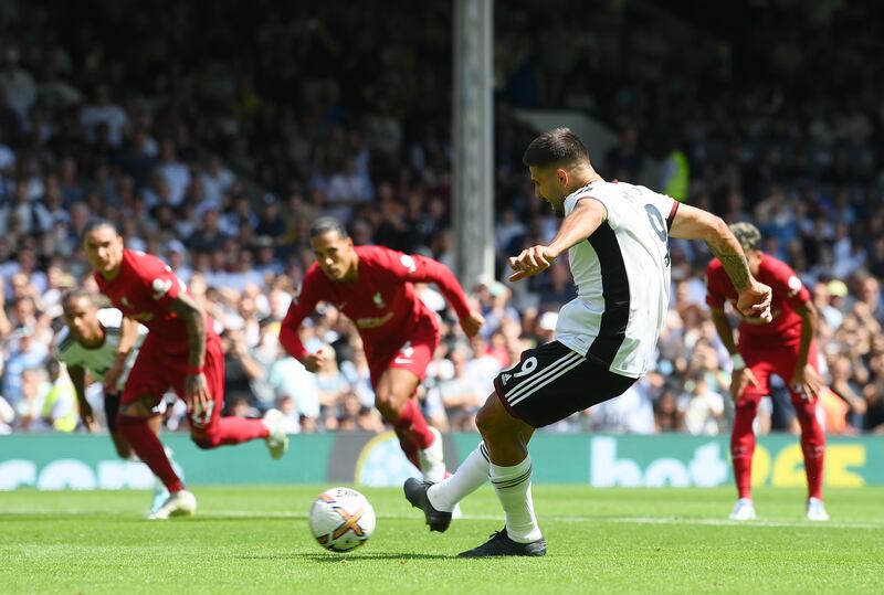 Aleksandar Mitrovic scores Fulham's second with a penalty. Getty