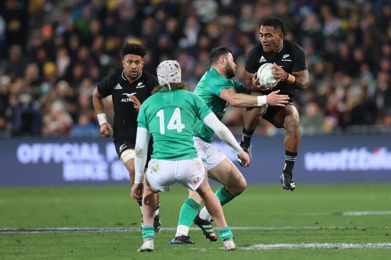 Sevu Reece of the All Blacks takes the high ball during the Test against Ireland at the Sky Stadium. Getty