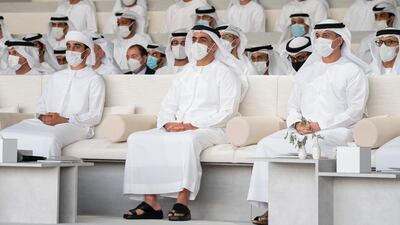 Sheikh Saif bin Zayed, Deputy Prime Minister and Minister of Interior , attends the second lecture of the Majlis Mohamed bin Zayed Ramadan series along with Ahmed Al Falasi, Minister of State for Higher Education . Mohamed Al Hammadi / Ministry of Presidential Affairs

