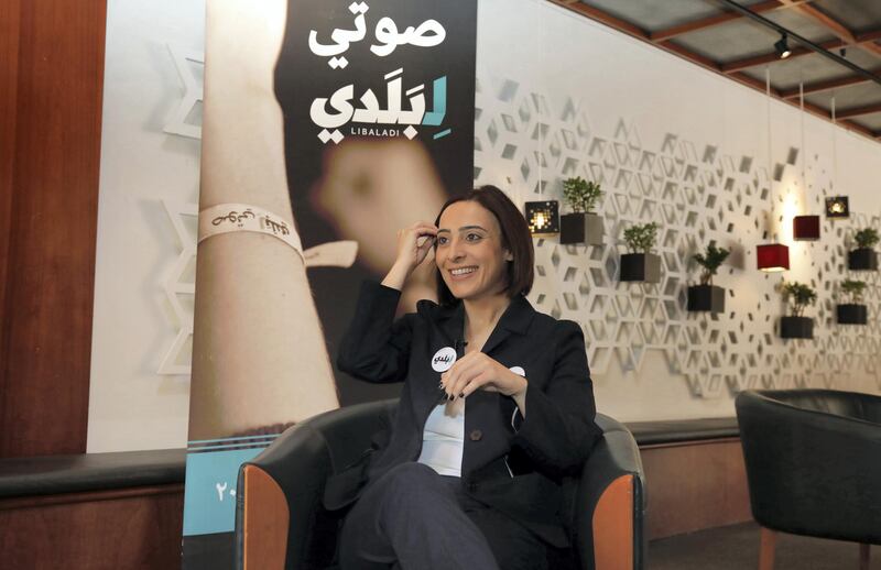 Laury Haytayan, a civil society candidate from the Libaladi (For My Country) list speaks during an interview with Agence France-Presse in Beirut on April 7, 2018.
As its first parliamentary vote in nearly a decade approaches, Lebanon has been swept into campaign fever: posters on every corner, televised debates, and neighbours bickering over new electoral procedures. / AFP PHOTO / ANWAR AMRO / TO GO WITH AFP STORY