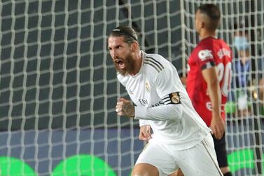 Real Madrid's Sergio Ramos celebrates after scoring the second goal against Mallorca. EPA