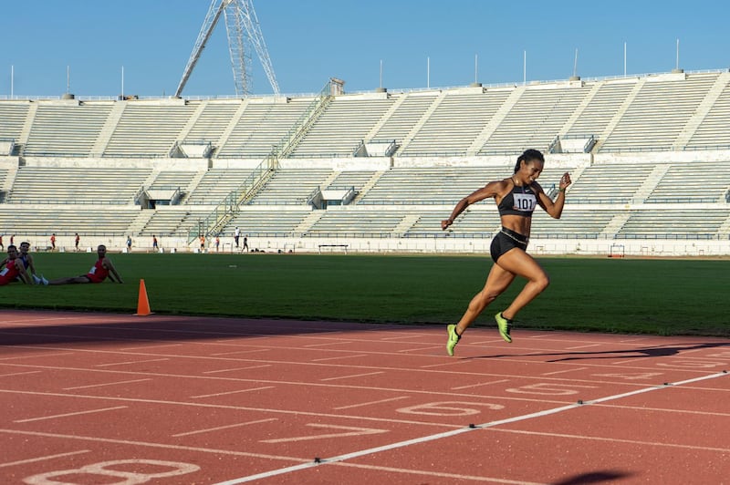 Aziza Sbaity crosses the finishing line at Camille Chamoun Sports City Stadium, Beirut, Lebanon on 29 May 2021 (Matt Kynaston)