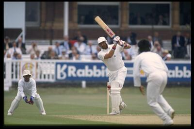 Aug 1990:  India wicket keeper Kiran More can only watch as Graham Gooch of England cover drives during his mammoth innings of 333 in the Test Match at Lords.                                    Mandatory Credit: Adrian Murrell/Allsport UK