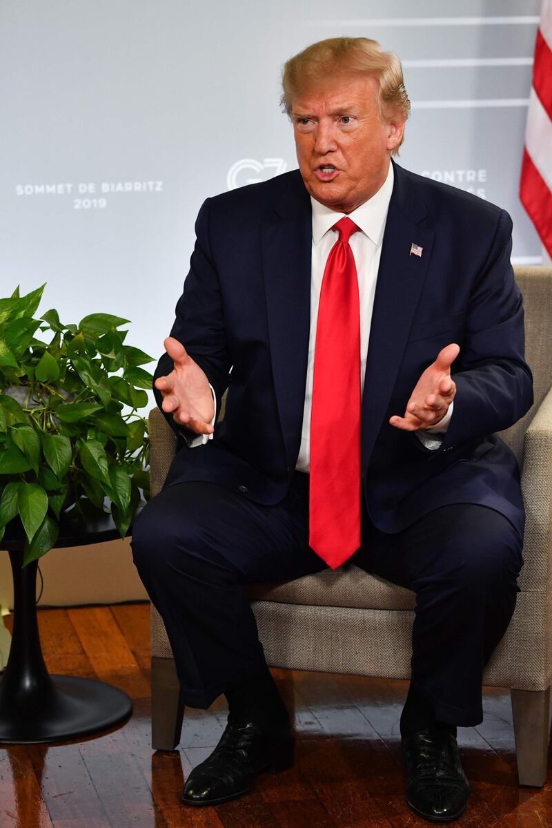 US President Donald Trump speaks during a bilateral meeting with Indian Prime Minister Narendra Modi in Biarritz, south-west France on August 26, 2019, on the third day of the annual G7 Summit. / AFP / Nicholas Kamm

