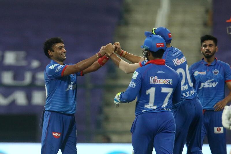 Delhi Capitals players celebrates the wicket of Manish Pandey of Sunrisers Hyderabad during match 11 of season 13 of the Dream 11 Indian Premier League (IPL) between the Delhi Capitals and the Sunrisers Hyderabad held at the Sheikh Zayed Stadium, Abu Dhabi in the United Arab Emirates on the 29th September 2020.  Photo by: Vipin Pawar  / Sportzpics for BCCI