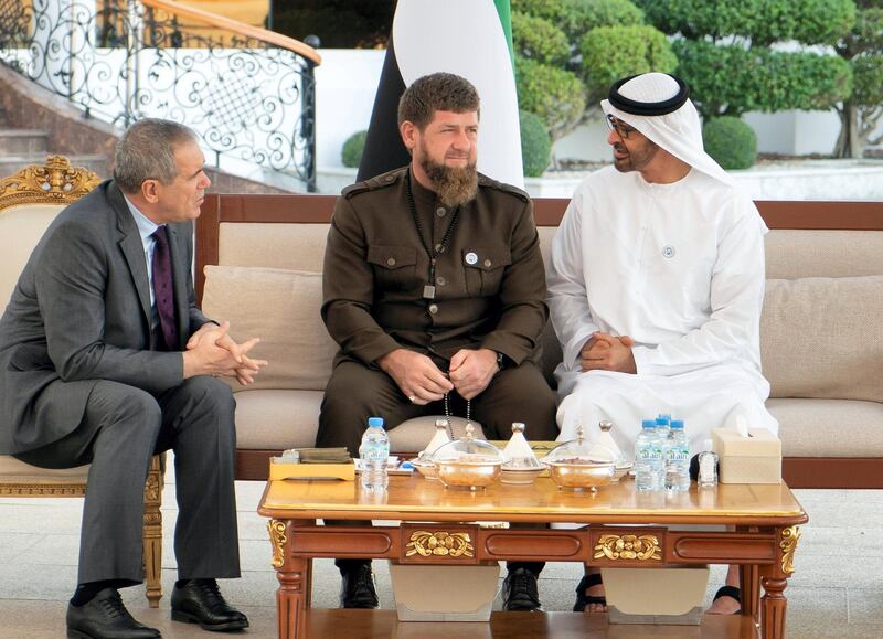 ABU DHABI, UNITED ARAB EMIRATES - November 19, 2018: HH Sheikh Mohamed bin Zayed Al Nahyan, Crown Prince of Abu Dhabi and Deputy Supreme Commander of the UAE Armed Forces (R), receives HE Ramzan Kadyrov President of Chechnya (C), during a Sea Palace barza.

( Rashed Al Mansoori / Ministry of Presidential Affairs )
---