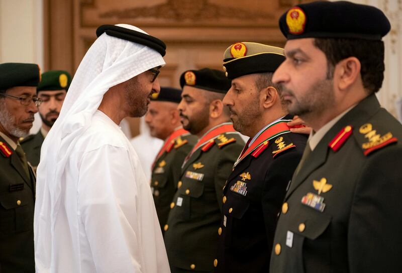 ABU DHABI, UNITED ARAB EMIRATES - April 08, 2019: HH Sheikh Mohamed bin Zayed Al Nahyan, Crown Prince of Abu Dhabi and Deputy Supreme Commander of the UAE Armed Forces (L), presents an Emirates Military Medals to members of the UAE Armed Forces, Ministry of Interior and Abu Dhabi Police, during a Sea Palace barza.

( Ryan Carter / Ministry of Presidential Affairs )
---