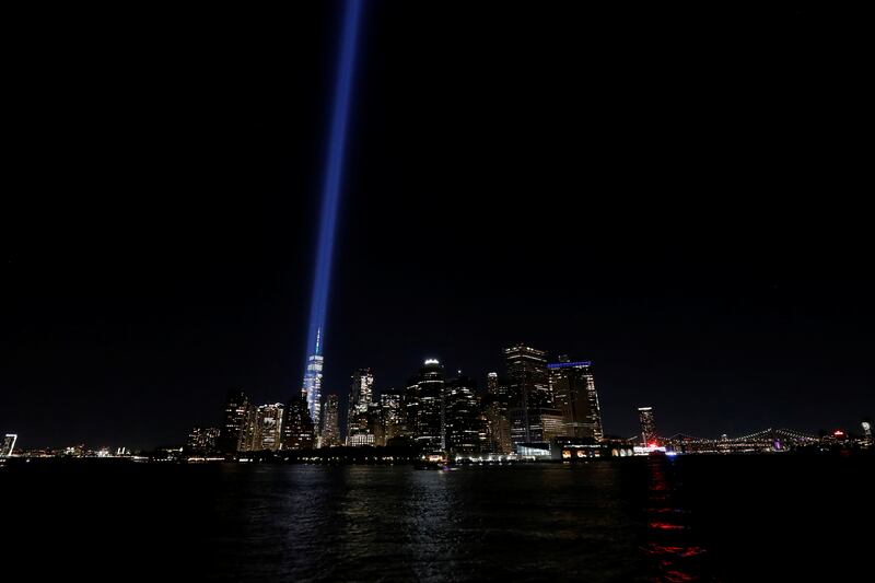 The Tribute in Light installation and World Trade Centre shine bright at night. Reuters