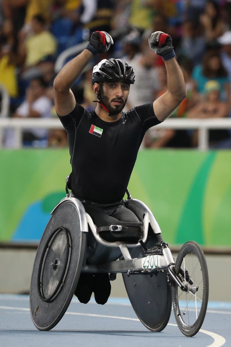 RIO DE JANEIRO, BRAZIL - SEPTEMBER 14:  Mohamed Alhammadi of the United Arab Emirates celebrates winning the gold medal in the Men's 800m - T34 Final on day 7 of the Rio 2016 Paralympic Games at the Olympic Stadium on September 14, 2016 in Rio de Janeiro, Brazil.  (Photo by Friedemann Vogel/Getty Images)