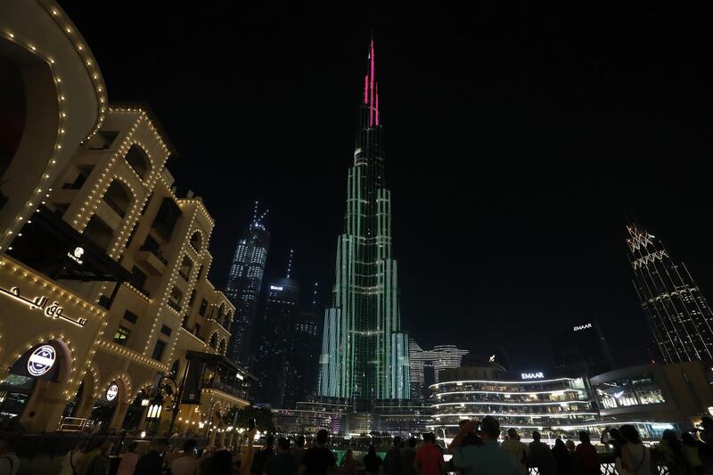 Burj Khalifa and Dubai Fountain lit up with new Eid light show in Dubai on May 11,2021. Pawan Singh / The National