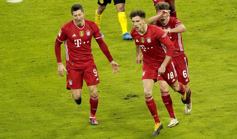 Leon Goretzka celebrates after making the score 3-2 to Bayern. EPA