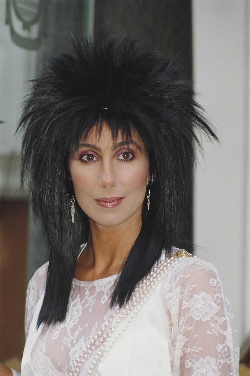 American actress and singer Cher in London to promote her latest film 'Mask', 26th June 1985. She stars as Florence 'Rusty' Dennis in the film.  (Photo by Fox Photos/Hulton Archive/Getty Images)