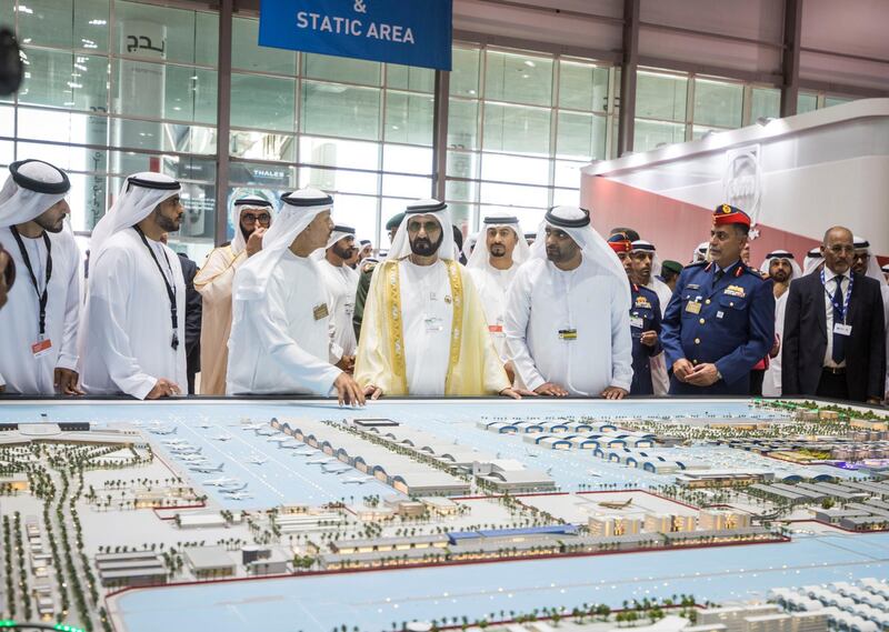 Dubai, United Arab Emirates- HH Sheikh Mohammed bin Rashid Al Maktoum Vice President and Ruler of Dubai visiting Sheikh Mohammed bin Rashid Aerospace hub at the Dubai Airshow 2019 at Maktoum Airport.  Leslie Pableo for the National