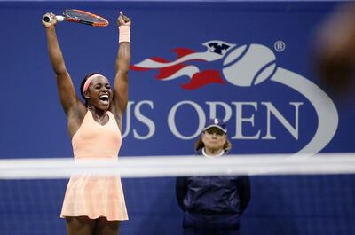 FILE - In this Sept. 7, 2017, file photo, Sloane Stephens, of the United States, reacts after defeating Venus Williams, of the United States, in the semifinals of the U.S. Open tennis tournament in New York. It's hard to pick one play that stood out for Sloane Stephens in her ride to the U.S. Open title this summer, but this 25-stroke point against Williams might have been the gem. (AP Photo/Seth Wenig, File)