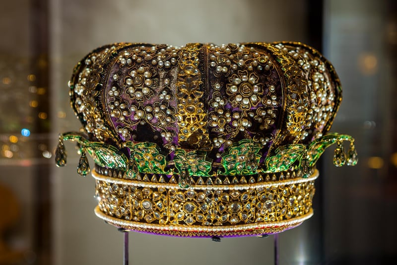 Enamelled gold and jewel encrusted crown presented by the Taluqdars of Awad to the Prince of Wales in 1876.
<br/>
<br/>For single use only in relation to: Splendours of the Subcontinent: A Prince's Tour of India 1875-6. Not to be archived or sold on.
<br/>
<br/>Royal Collection Trust / vÉ¬É?vÉ¬ÇvÇ¬© Her Majesty Queen Elizabeth II 2017