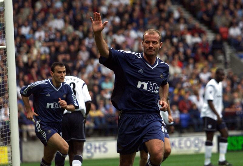 13 Oct 2001:  Alan Shearer of Newcastle celebrates his goal and Newcastle's third against Bolton during the Barclaycard Premier League match between Bolton Wanderers and Newcastle United at the Reebok Stadium, Bolton. DIGITAL IMAGE. Mandatory Credit: Alex Livesey/ALLSPORT