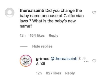 Grimes confirmed the name change in a comment on Instagram. Instagram / Grimes