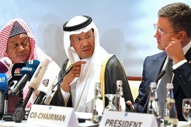 Opec secretary general Mohammed Barkindo, Saudi energy minister Prince Abdulaziz bin Salman and Russian energy minister Alexander Novak at an Opec meeting in Abu Dhabi in 2019. AFP