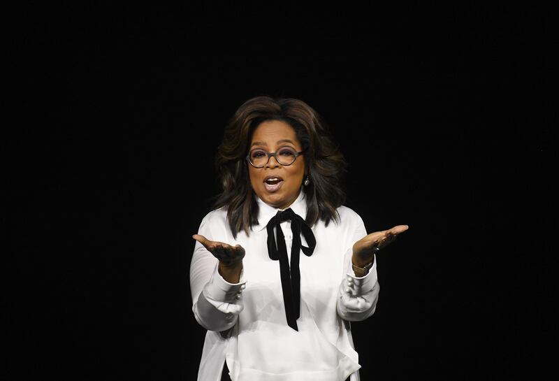 Oprah Winfrey, at the Apple event at the Steve Jobs Theatre in Cupertino, California, US, on Monday, March 25, 2019. The company is unveiling streaming video and news subscriptions, key parts of Apple's push to transform itself into a leading digital services provider. Bloomberg