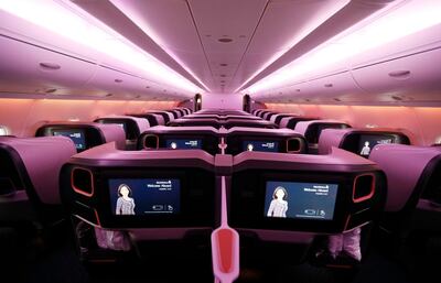 epa06386932 A view of seats in business class of the Airbus A380 aircraft for the Singapore Airlines before a ceremony at the Airbus's delivery center in Colomiers, near Toulouse, Southern France, 13 January 2017. The A380 aircraft is the first of five new planes provided with the new cockpit. Singapore Airlines is first carrier in the world to operate the new Airbus A380 planes.  EPA/GUILLAUME HORCAJUELO