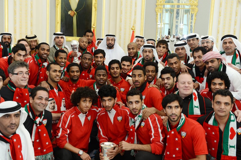 The UAE football team meet with Sheikh Khalifa on Saturday, January 19, 2012, after their 2-1 victory over Iraq in the Gulf Cup final in Bahrain. Wam