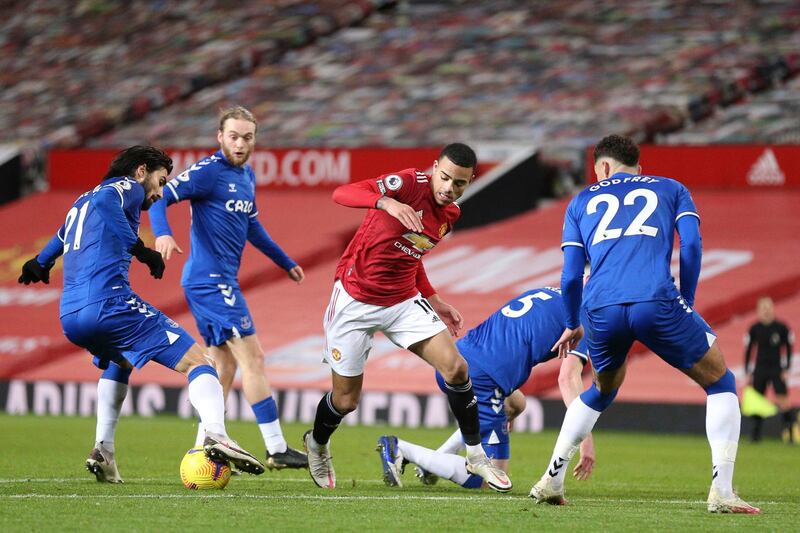 Mason Greenwood 8. Super ball from deep to Shaw in an early attack which went nowhere but exposed Everton’s lack of width. Crossed well and United’s liveliest player in the first half, passing short and long with both feet, crossing and taking players on. AP