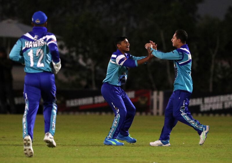 Ajman, United Arab Emirates - Reporter: Paul Radley. Sport. Cricket. Hawk's Aayan Khan takes the wicket of Fahad Nawaz. Hawks v Lions in the Karwan Rising Stars league. Ajman. Tuesday, January 19th, 2021. Chris Whiteoak / The National