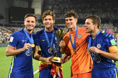 Left to right, Chelsea's Saul Niguez, Marcos Alonso, Kepa Arrizabalaga and Cesar Azpilicueta celebrate with their winner's medals after the FIFA Club World Cup Final match at the Mohammed Bin Zayed Stadium in Abu Dhabi, United Arab Emirates. Picture date: Saturday February 12, 2022.