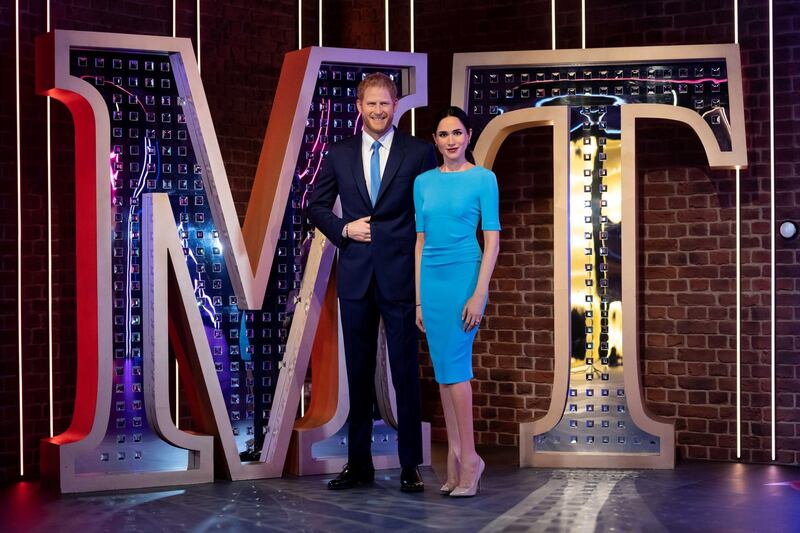 Figures of Madame Tussauds London's Britain's Prince Harry and Meghan, Duchess of Sussex, stand in their new position in London, Britain May 12, 2021. Picture taken May 12, 2021. Madame Tussauds London/Handout via REUTERS THIS IMAGE HAS BEEN SUPPLIED BY A THIRD PARTY. MANDATORY CREDIT. NO RESALES. NO ARCHIVES.