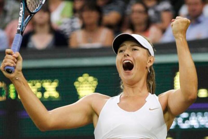 Russia's Maria Sharapova celebrates defeating Slovakia's Dominika Cibulkova in their match at the All England Lawn Tennis Championships at Wimbledon, Tuesday, June 28, 2011. (AP Photo/Anja Niedringhaus)